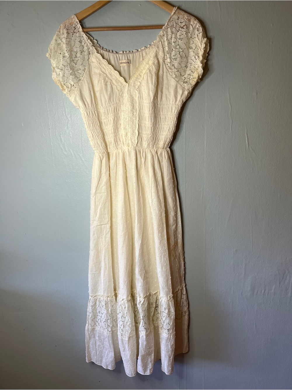 Anna-Kaci Ivory Lace Swiss Dot Smocked Boho Midi Dress L/XL Cottagecore